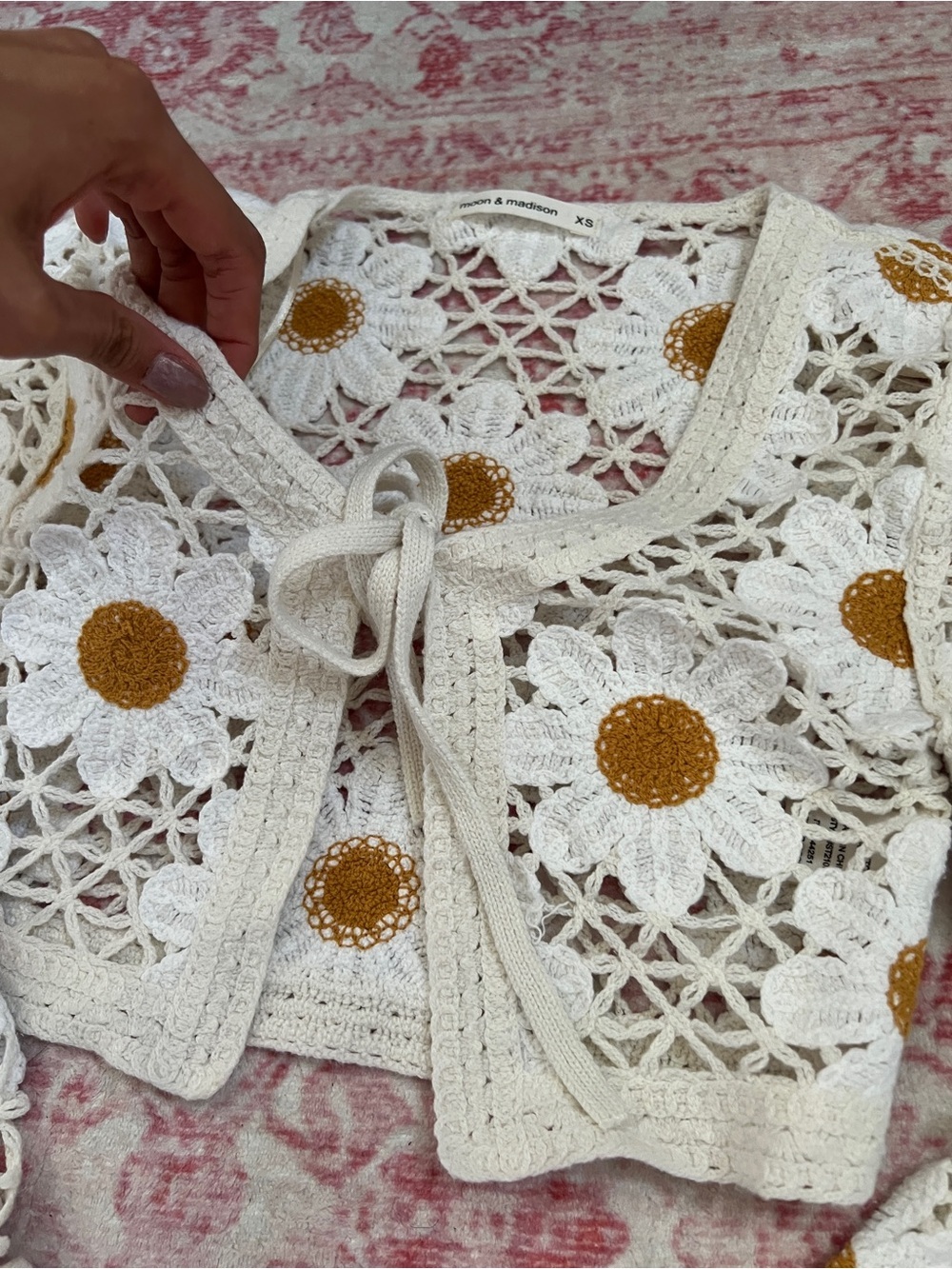 moon & madison Crochet Daisy Tie-Front Cardigan in Cream and Mustard - Picture 3 of 4